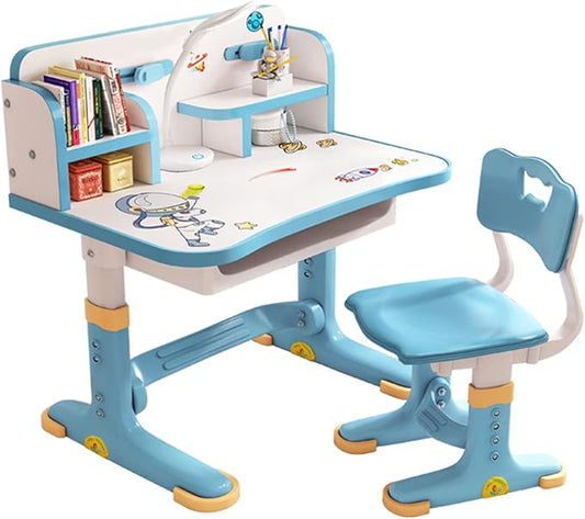 Upgraded Kid's Desk and Chair Set, Adjustable Children's Study Table with Bookshelf and Storage Drawer, 50-Degree Tiltable Desktop with Chair for Bedroom (Blue 101cm)