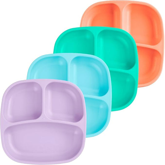 Re-Play Toddler Plates with Dividers - Deep-Walled 3 Compartments Divided Plates for Kids - Dishwasher & Microwave Safe - Made in USA - Set of 4-7.37" x 7.37" x 1.25" - Bubble Pop