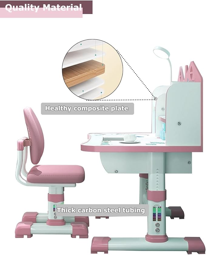 Kids' Table & Chair Set, Desk with Large Storage Drawer & Bookshelf, Height Adjustable (Pink)
