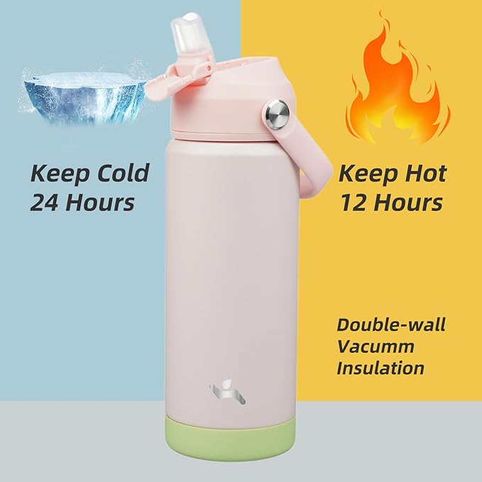 Insulated Water Bottle with Straw Lid,18 oz Stainless Steel Vacuum Metal Bottle with Silicone Handle,Pearl