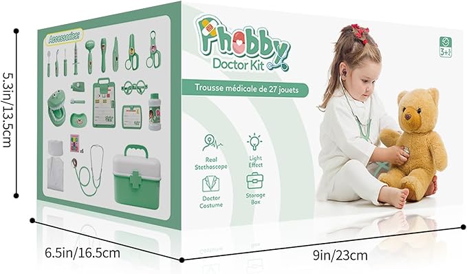 Durable Doctor Kit for Kids, 27 Pcs Deluxe Pretend Play Medical Kit Toy with Real Stethoscope, Doctor Kit for Toddlers Boys Girls Christmas Birthday Gift (Green)