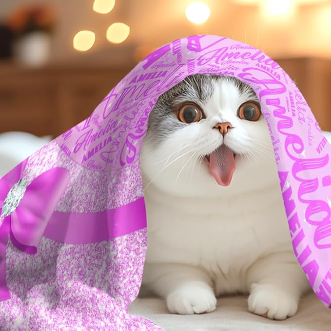 Custom Girl Blanket with Name Personalized Cute Ribbon Bow Blanket for Newborn Customized Soft Flannel Throw Blanket Memorial Gift for Toddler on Birthday Baby Shower Christmas