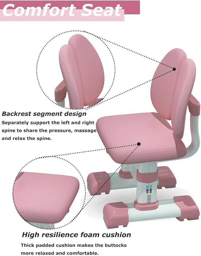 Kids' Table & Chair Set, Desk with Large Storage Drawer & Bookshelf, Height Adjustable (Pink)