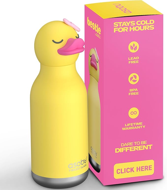 asobu Bestie Bottle Insulated Stainless Steel Water Bottle with Detachable Soft Animal Head Fun Drinking For Kids and Teens with Flexible Reusable Straw 16 Ounce (Duck)