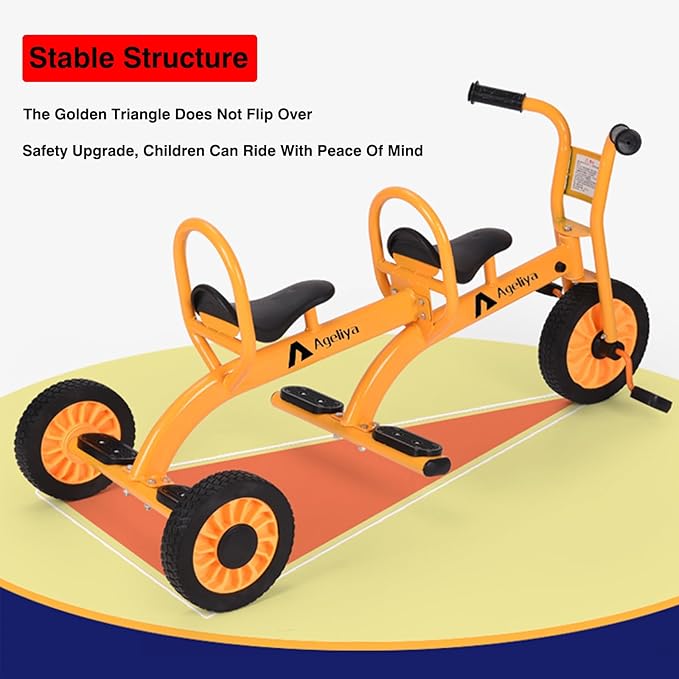 Tandem Tricycles for Kids 5-7 Year Olds, 2 Seater Preschool Pedal Kids' Trike with Solid Rubber Tires & Sturdy Metal Frame, Elementary School Daycare Kindergarten Outdoor Playground Equipment