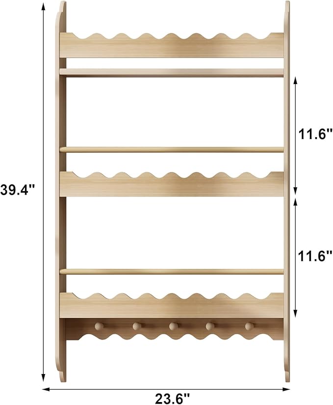 Treocho Kids Bookshelf, 3-Tier Wall Mounted Book Shelf, Kids Bookshelf and Toy Storage for Living Room, Bedroom and Nursery, Natural