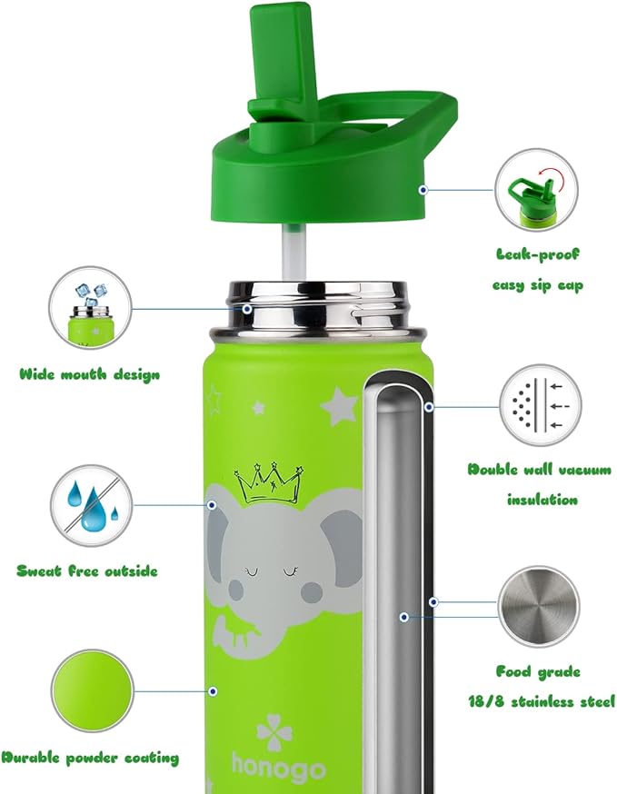 16 oz Stainless Steel Insulated Kids Water Bottle, Leak Proof Metal Thermal Flask with Straw lid, Cute Toddler Tumbler Cup for School Girls & Boys (Green, Elephant)