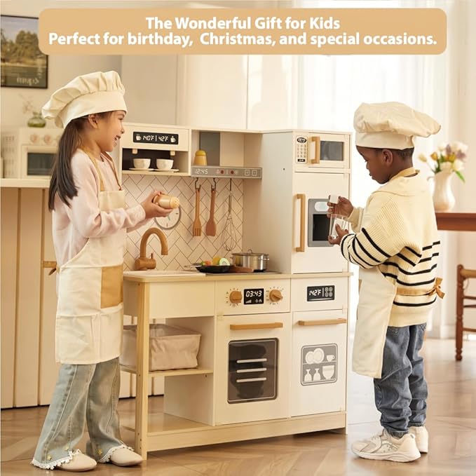 Freniland Wooden Play Kitchen, Kids Kitchen Playset with Real Light & Sound, Realistic Ice Maker,Stove Oven Chef Pretend Toy Kitchen Include 31 Accessories, Gift for Child Ages 3+ Toy Furniture