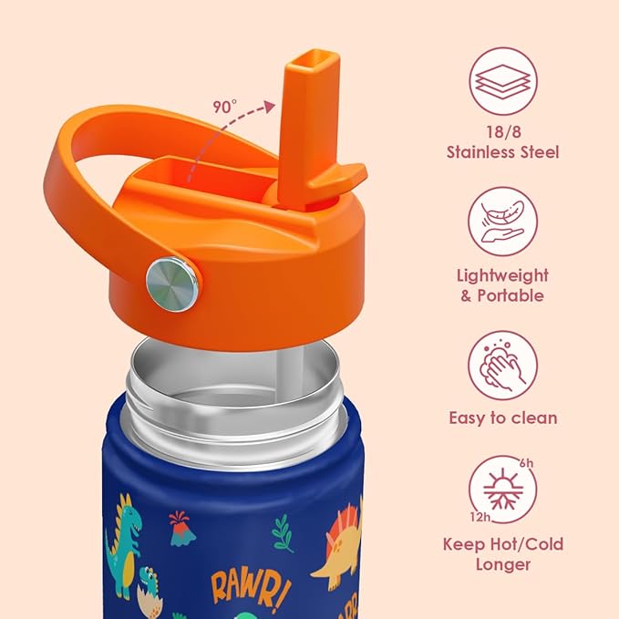 SANDJEST Dinosaur Kids Water Bottle with Straw Lid, Pack of 2 Insulated 12 Oz Stainless Steel Water Bottles for Boys, Travel Cup for School Sports