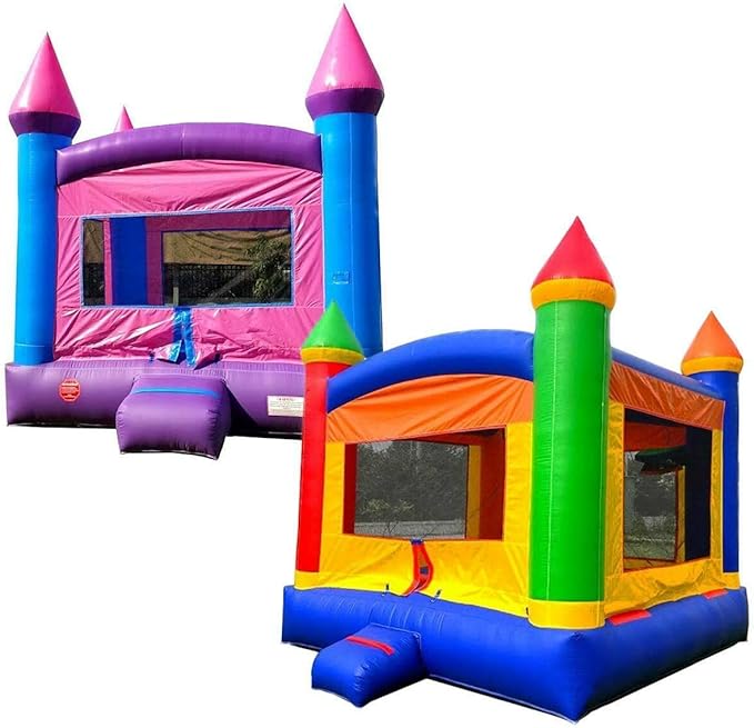 Pogo Bounce House Crossover Inflatable Bounce House Duo, Pink and Rainbow, 13 x 12 x 12 Foot, Outdoor Playhouse for Kids Outdoor Commerical Bouncer Castles, Blower, Stakes, & Storage Bag, 2 Bouncers