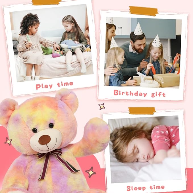Tezituor 40in Giant Teddy Bear Stuffed Animal,Big Bear Plush Toys,Rainbow Yellow Soft Bear Plushies,Weighted Stuffed Animals Gifts for Baby Shower, Valentine, Christmas, Birthday, Party Decoration
