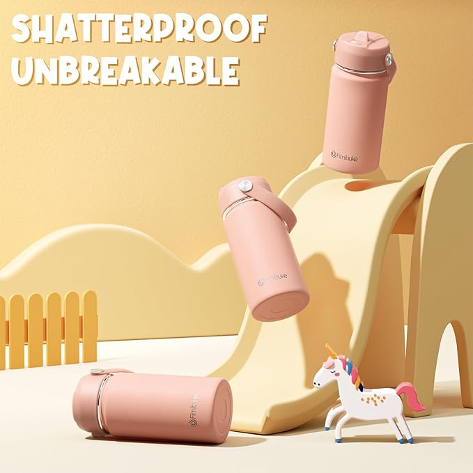 Fimibuke Kids Insulated Water Bottle, 14oz BPA FREE 18/8 Stainless Steel Travel Tumbler Double Wall Vacuum Leak Proof Kids Cup with Straw Metal Water Bottle for School Boys Girls(1 Pack, Blush)