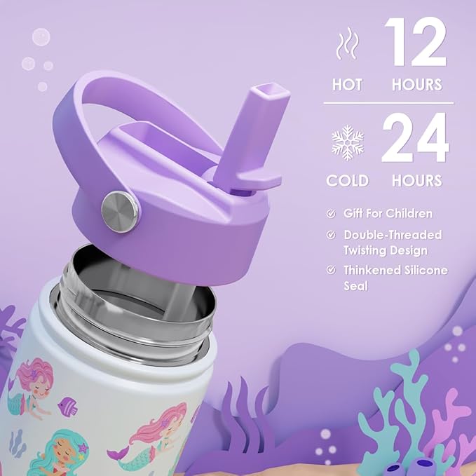 Mermaid Kids Water Bottle With Straw Lid 12oz Insulated Stainless Steel, Travel Tumbler, Gifts For Girls, Birthday, Christmas, Back To School