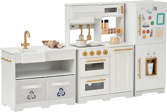Teamson Kids Little Chef Atlanta Large Modular Wooden Play Kitchen with Interactive, Realistic Features, and 17 Kitchen Accessories, for 3yrs and up, White/Gold