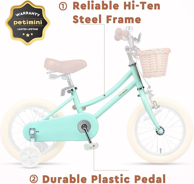 Petimini Girls Bike with Basket for 2-12 Years Old Kids, 12 14 16 18 20 Inch Bicycle with Bell Training Wheels Basket, Multiple Colors