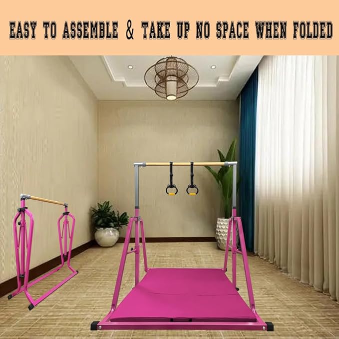 Foldable Gymnastics Kip Bar,Horizontal Bar for Kids,No Wobble Gym Equipment for Home Indoor,3' to 5' Adjustable Height,Gymnasts 1-4 Levels,300 lbs Weight Capacity
