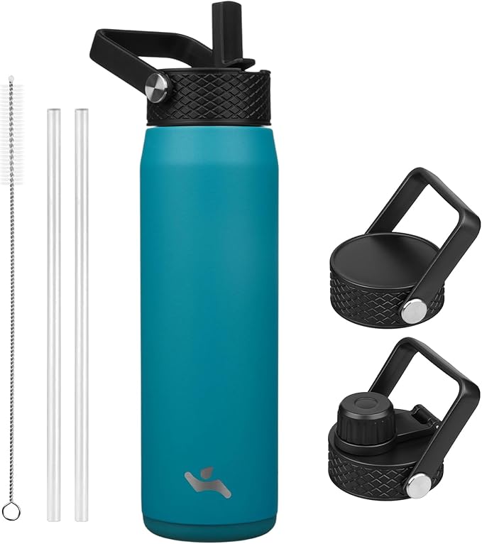 25oz Insulated Stainless Steel Water Bottle with Straw and 3 Lids, BPA-Free Sports Water Bottle,travel water bottle,Lake Blue
