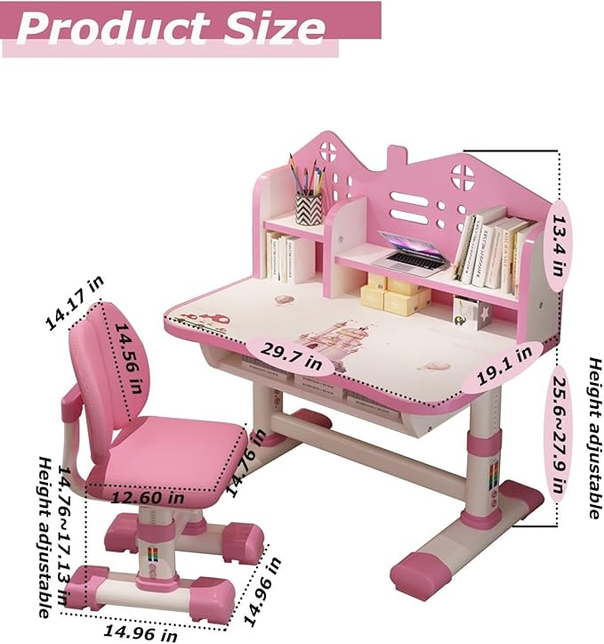 Kids' Table & Chair Set, Desk with Large Storage Drawer & Bookshelf, Height Adjustable (Pink)
