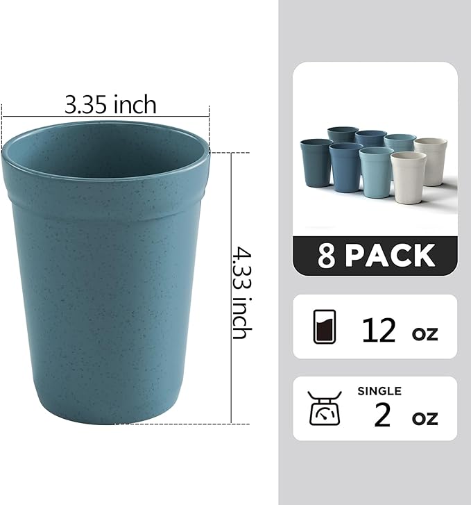12 Oz Plastic Cups Reusable, Set of 8 Wheat Straw Drinking Cups, Microwave and Dishwasher Safe BPA Free Unbreakable Water Cups for Kitchen, Home, Office, and Outdoor Use