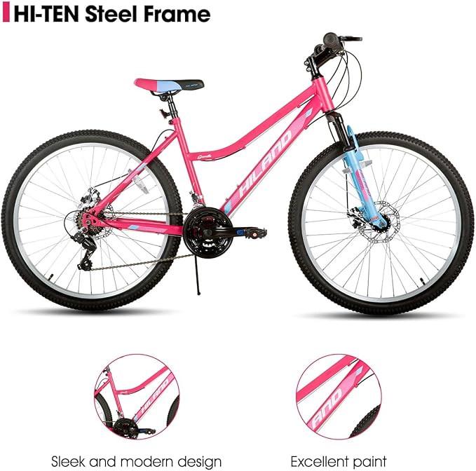 Hiland 26 Inch Womens Mountain Bike, with Step-Through Frame, 18 Speeds, Suspension Fork MTB, Bicycle for Women Men Adult