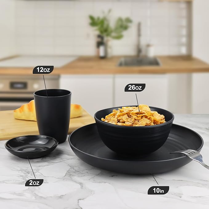 Wrova Wheat straw dinnerware sets of 16-10 inches plates,26oz bowls,2oz dipping bowls,12oz cups - Unbreakable plates and bowls sets microwave safe and dishwasher safe,service for 4. Black