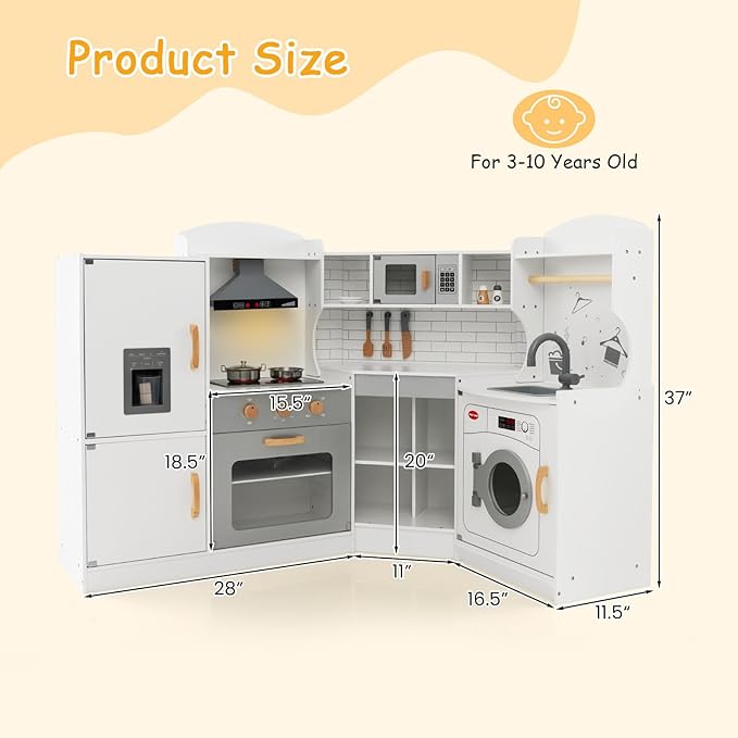 GLACER Corner Kids Kitchen Playset, Wooden Play Kitchen with Washing Machine, Ice Maker, Microwave, Oven, Sink & Facet, Pretend Toy Kitchen Set with Sounds & Lights for Toddler