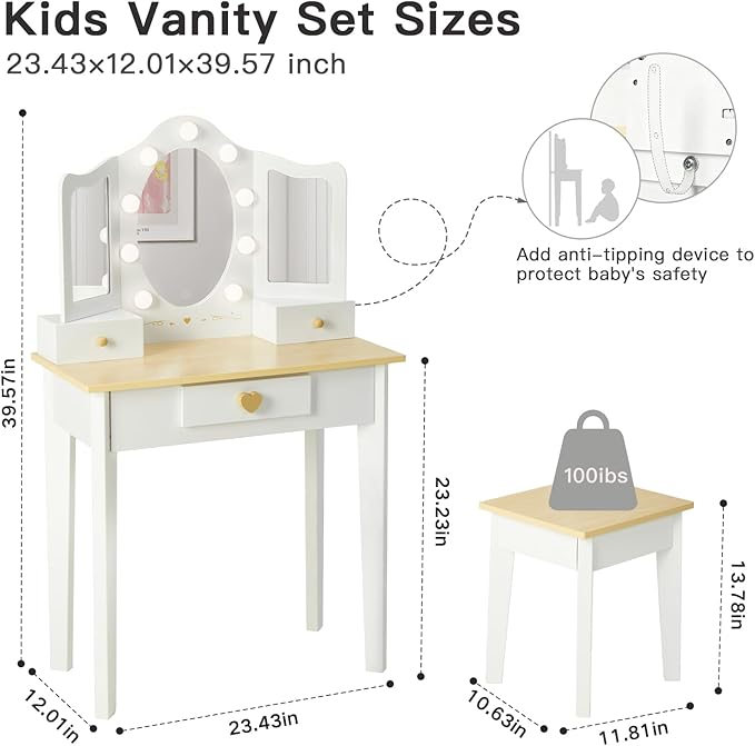 labebe Kids Vanity, Girls Vanity Desk with LED Changing Lights, Pretend Play Princess Vanity Set, Wooden Toddler Makeup Desk Dressing Table with Drawer and Chair (White)