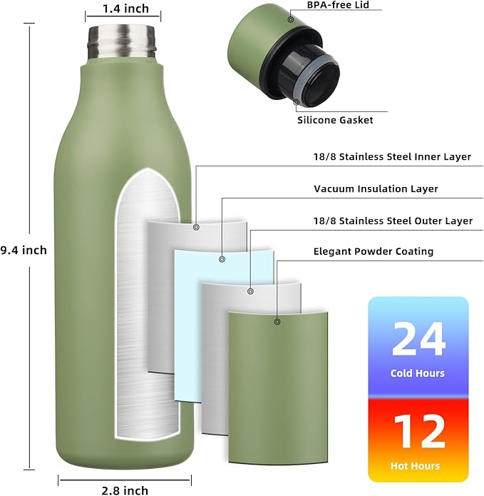 BJPKPK Insulated Water Bottles, 18 oz Stainless Steel Metal Water Bottle with Strap, BPA Free Leak Proof Thermo, Mugs, Flasks, Reusable Water Bottle for Sports & Travel, Forest Green