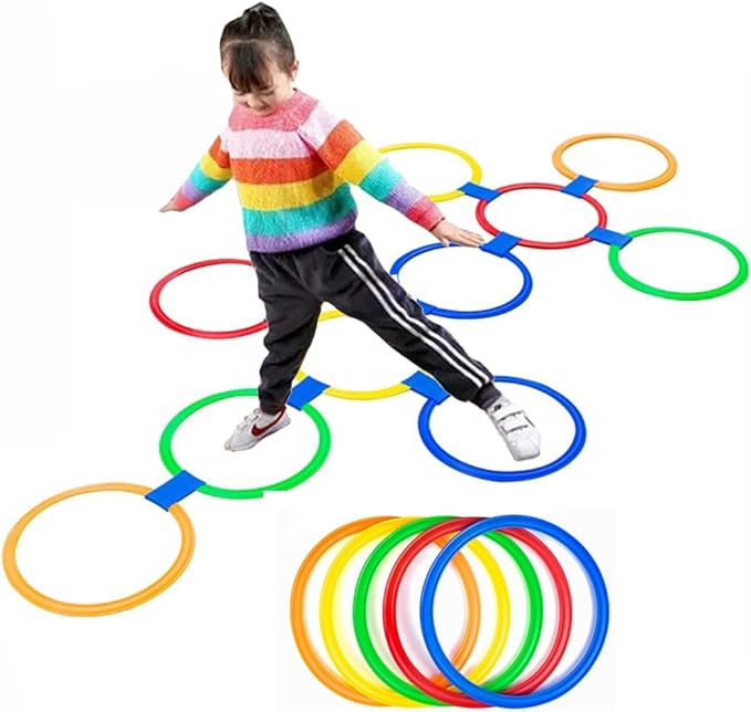 11in Hopscotch Rings-Hopscotch Game Hoops Circles with 15 Connectors for Kids Balance Agility Training Obstacle Course, Boys Girls Birthday Fun Play Indoor Outdoor Backyard Playground Activity