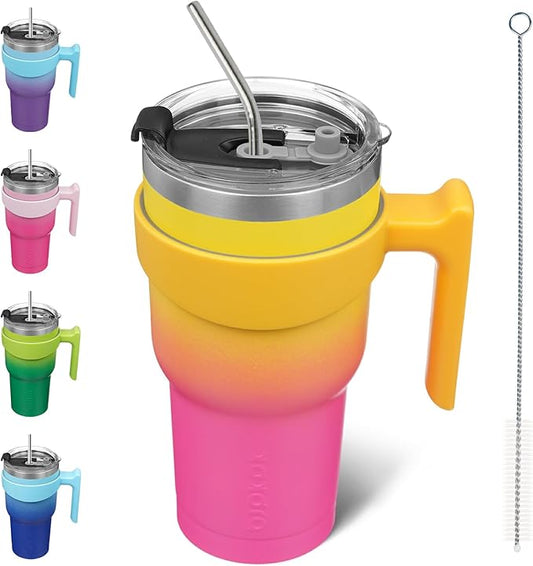 BJPKPK Tumbler With Handle And Straw Lid 30 oz Stainless Steel Insulated Coffee Tumbler Cups For Home, Office or Car,Pink Yellow Rose