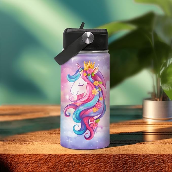 Unicorn Kids Water Bottle Insulated Water Bottles 12oz with Straw Stainless Steel Travel School Tumbler Double Wall Vacuum Cup for Girls Kid Boys