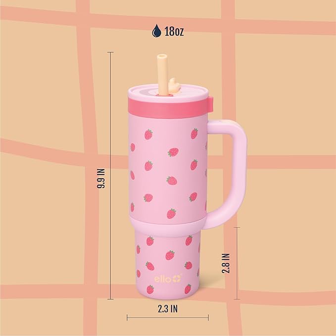 Ello Oasis 18oz Stainless Steel Kids Tumbler with Handle & Retracting Straw, 100% Leakproof, Double-Wall Vacuum Insulated, Kids Water Bottle for School, BPA Free + Dishwasher Safe, Strawberries