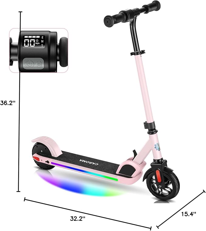 Caroma Electric Scooter for Kids Ages 6-14, 180W/150W Motor & 10 Mph, 85 Mins Ride Time, Adjustable Height & Speed, LED Display & Colorful Lights, Kids Electric Scooter, Best Gifts for Girls and Boy