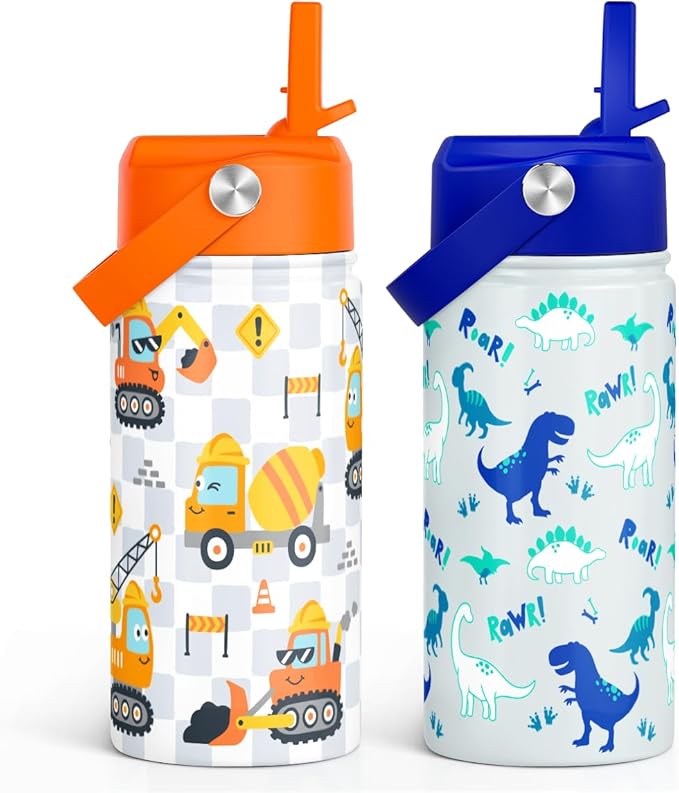 SANDJEST Kid Water Bottle 12oz with Straw Lid - 2-Pack Insulated Stainless Steel Water Bottles for Kids Girls - Travel Cup for School Sports, Construction & Dinosaur
