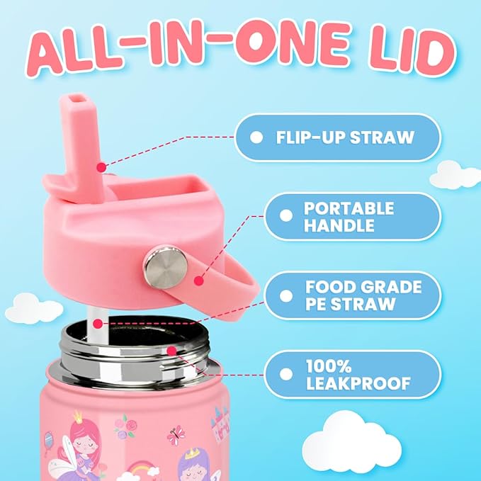 Princess Water Bottle for Girls - Kids Water Bottle with Straw Lid - 12 Oz Insulated Stainless Steel Water Bottles for Kid - Travel Cup for School Sports