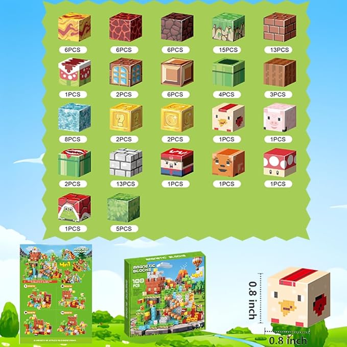 100PCS 0.8in Magnetic Blocks, Building Blocks Cubes for Kids Age 4-8, Magnetic Tiles for Toddler STEM Sensory, Magnetic Toys for Boys & Girls Age 3 4 5 6 7 8 9 10 Christmas Birthday Gifts
