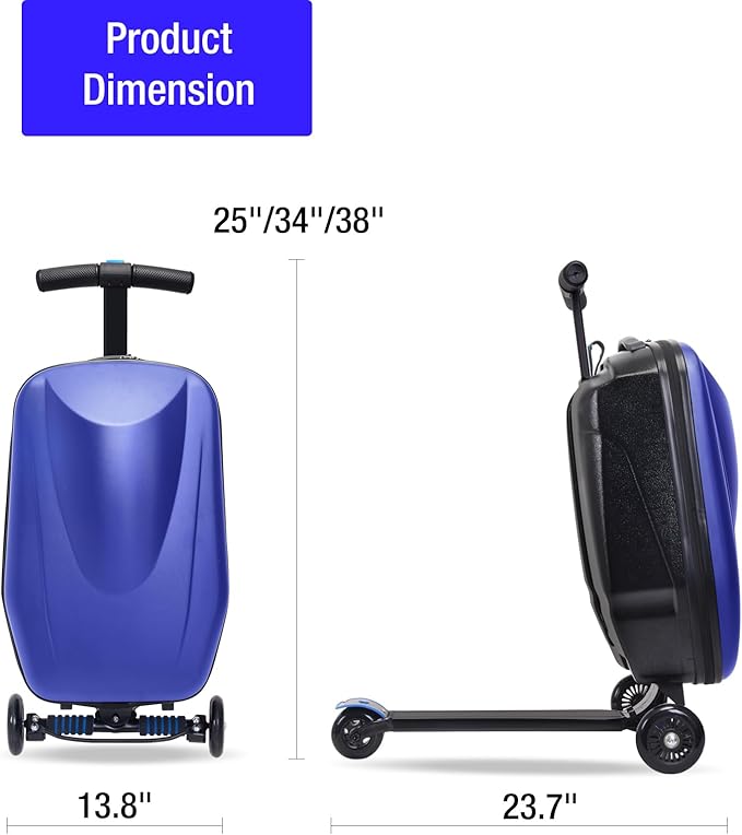 20" Kids Scooter Suitcase Ride-On Carry-On - 2-in-1 Lightweight Hardshell Luggage for Airplane Travel, Foldable Rolling Suitcase for Boys & Girls Ages 4-12