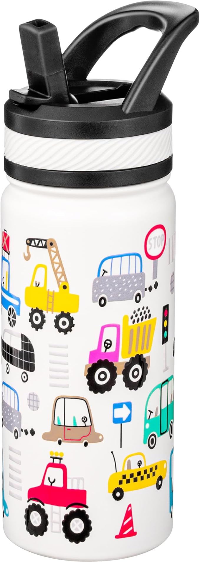 Fanhaw 18 Oz Kids Insulated Water Bottle with Straw - Stainless Steel Double Wall Vacuum Cup, Leakproof, BPA Free, Suitable for Boys and Girls(White - Heavy Traffic)