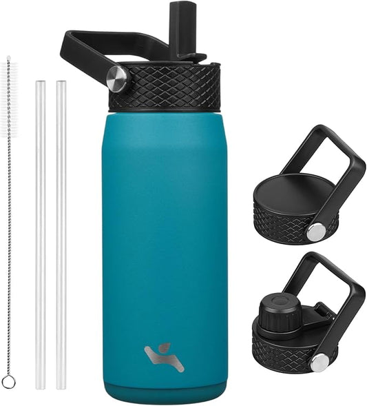 20oz Insulated Stainless Steel Water Bottle with Straw and 3 Lids, BPA-Free Sports Water Bottle,travel water bottle,Lake Blue