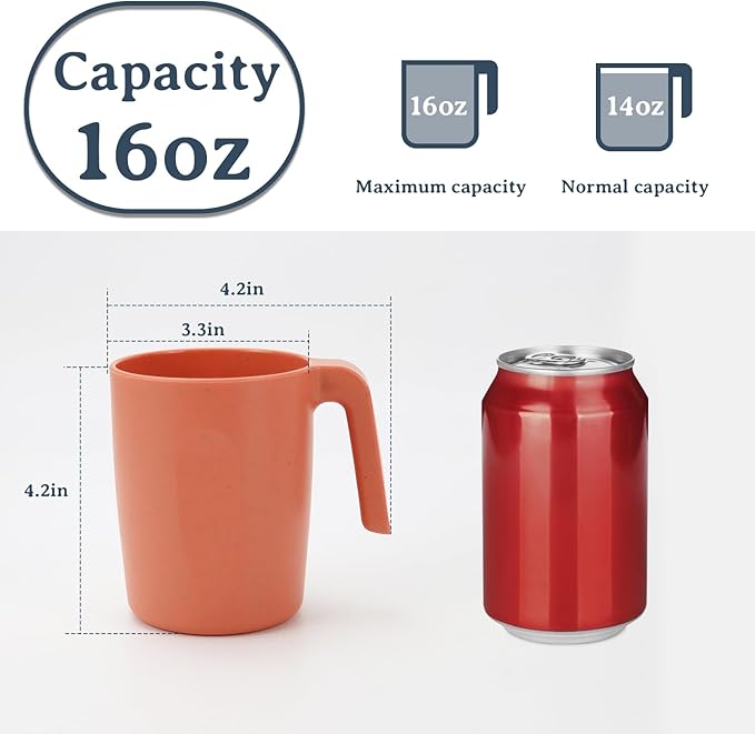 16oz Wheat Straw Cups with handles set of 6-Plastic Cups Reusable-Unbreakable Kids Mugs-Dishwasher Safe & Microwave Safe-Ideal Plastic Mugs for Tea,Coffee,Camping,RV-Orange