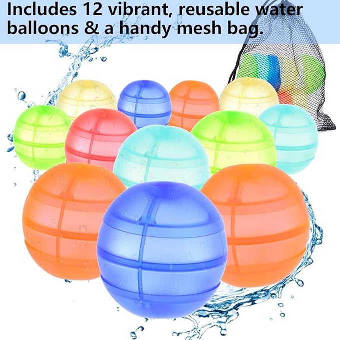 Reusable Water Balloons, 12PCS Self Sealing Silicone Water Bomb Balls Quick Fill for Kids, Refillable Water Balloons for Pool Summer Party Water Fight Game