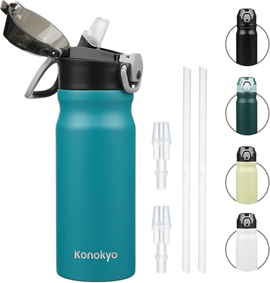 Insulated Water Bottle with Straw and Carry Loop,18 oz Stainless Steel Double Wall Vaccum Metal Water Flask with Leak-proof Lid,Blue