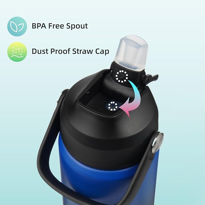 Insulated Water Bottle with Straw Lid,18 oz Stainless Steel Vacuum Metal Bottle with Silicone Handle,Black Blue