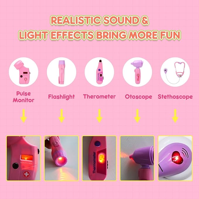 Meland Toy Doctor Kit for Girls, Pretend Play Toy Doctor Set with Dog , Carrying Bag, Stethoscope & Dress Up Costume Gift for Kids Toddlers Ages 3 4 5 6 Year Old for Role Play