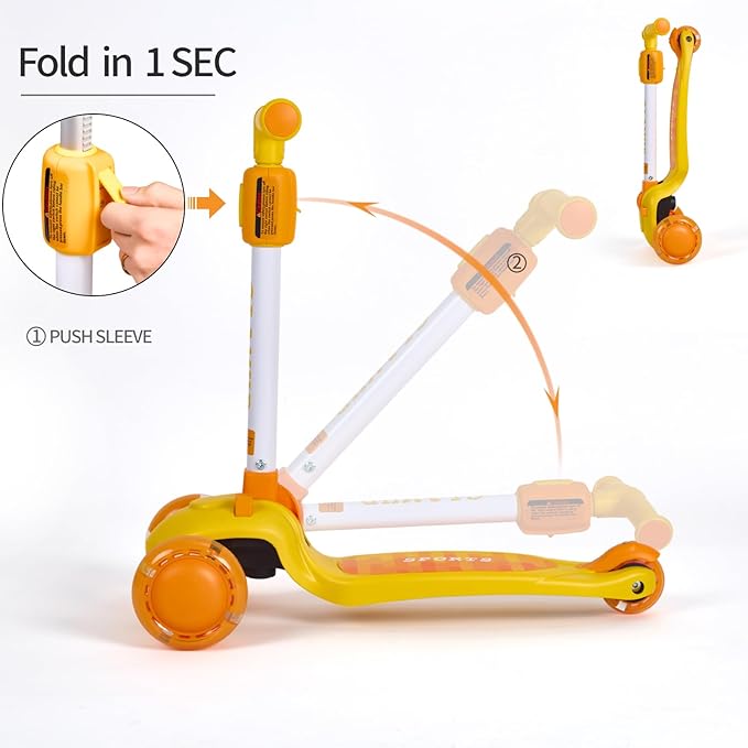 GLAMUP Kids Kick Scooter 3 Wheels, Kids Scooter Height Adjustable Handlebar, Lean-to-Steer System & Easy-Folding Mechanism, Ages 3-14 Boys and Girls