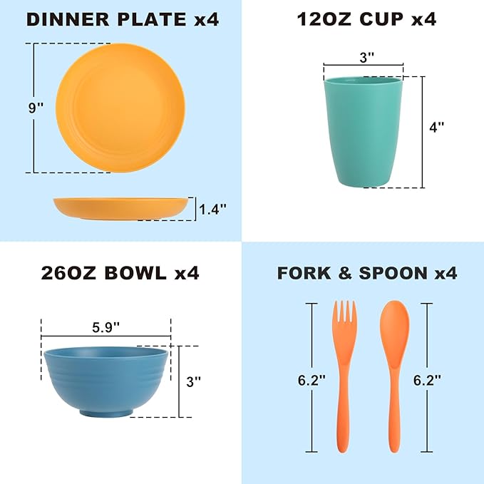 Wheat Straw Dinnerware Sets, 20 PCS Service for 4, Dishwasher & Microwave Safe Kids Plates and Bowls Sets, Unbreakable Lightweight Outdoor Camping Dishes - Multicolor