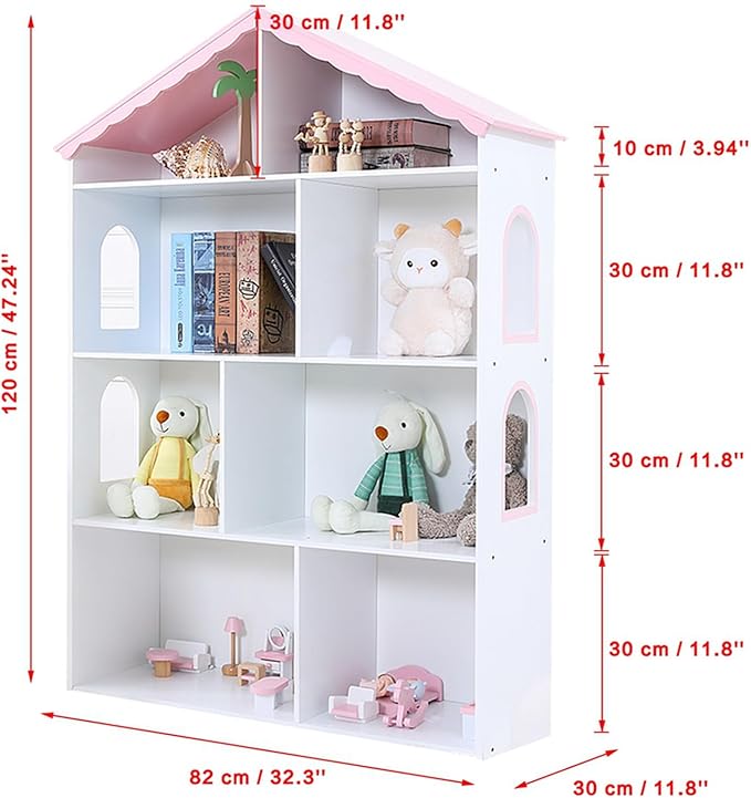 4-Tier Wooden Kids Bookcase, Toy Storage Organizer with Dollhouse Design, Multi-Functional Bookshelf with 4 Shelves for Bedroom Playroom, Easy Assembly for Boys & Girls