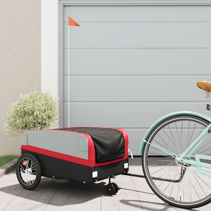 Bike Trailer Bicycle Cargo Trailer, Bike Wagon Trailer, Bike Cart with Safety Flag, Black and Red 99.2 lb Iron, 54.3"x27.2"x22.8"