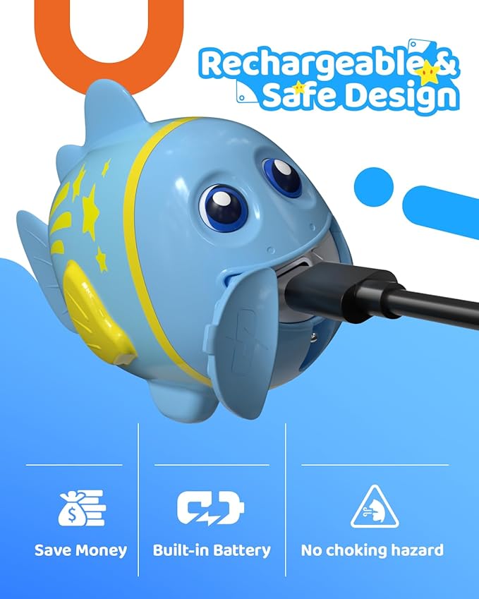 Rechargeable Swimming Fish Toy, Light up Bath Toys with Temp-Color Eyes for Baby Bath, Alive Pool Diving Toys for Kids Ages 4-8, Toddler Bathtub, Water Table