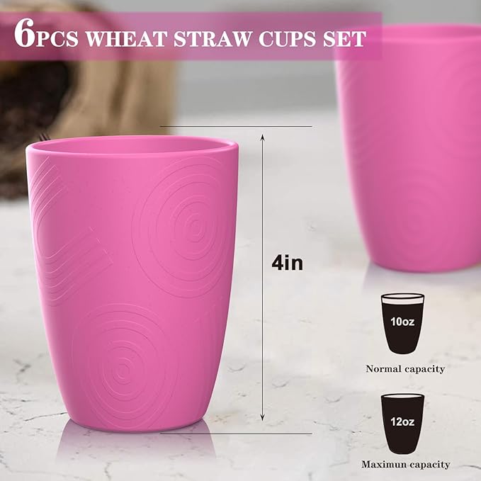 Homienly Wheat Straw Cups 6 PCS Alternative Plastic Cups Reusable Pink Cups Unbreakable Drinking Cup Dishwasher Safe Drinking Glasses Cups for Kitchen, Kids (Pink,12 OZ)
